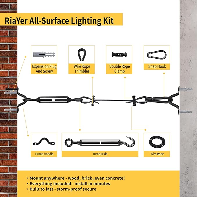 165FT All-Black Outdoor String Light Hanging Kit, 304 Stainless Steel Guide Wire with Matte Black Hardware Set | Lumora