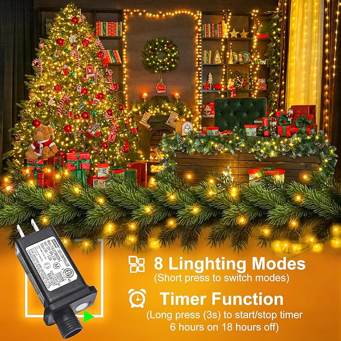 100FT 300 LED Christmas Lights Outdoor, Warm White Christmas Tree Lights with 8 Modes Waterproof, Connectable Green | Lumora