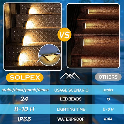 SOLPEX Solar Step Lights for Outside, 24 LEDs Solar Stair Lights Outdoor Waterproof Decor for Porch, Front Door, Stair, Step, Deck, Fence, Balcony, Patio, Wall, Yard, Garden(12 Pack, Warm White)