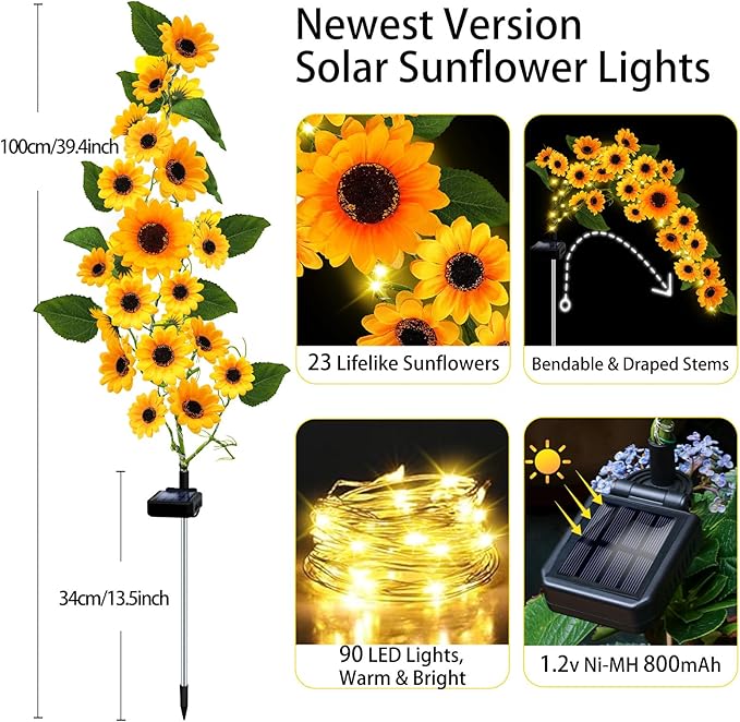 Solar Garden Lights Outdoor, Solar Sunflower Lights with 46 Lifelike Sunflower, Waterproof 90 Bright LED Fall Flowers Garden Decor for Patio Flower Bed Yard, Gift for Mom (2 Pack)