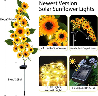 Solar Garden Lights Outdoor, Solar Sunflower Lights with 46 Lifelike Sunflower, Waterproof 90 Bright LED Fall Flowers Garden Decor for Patio Flower Bed Yard, Gift for Mom (2 Pack)
