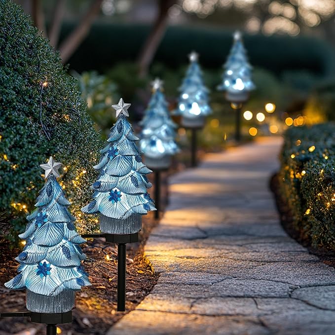 Dazzle Bright 2 Pack Solar Powered Fairy Garden Blue Christmas Tree Pathway Lights, Resin Walkway Lights Decorative Stakes Christmas Tree Figure Statue Decorations for Lawn Pathway Xmas Yard Gifts