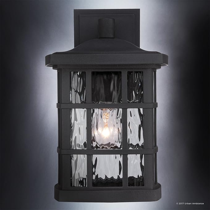 Urban Ambiance Luxury Craftsman Outdoor Wall Light, Small Size: 13" H x 8" W, with Tudor Style Elements, Highly-Detailed Design, High-End Black Silk Finish and Water Glass, UQL1232