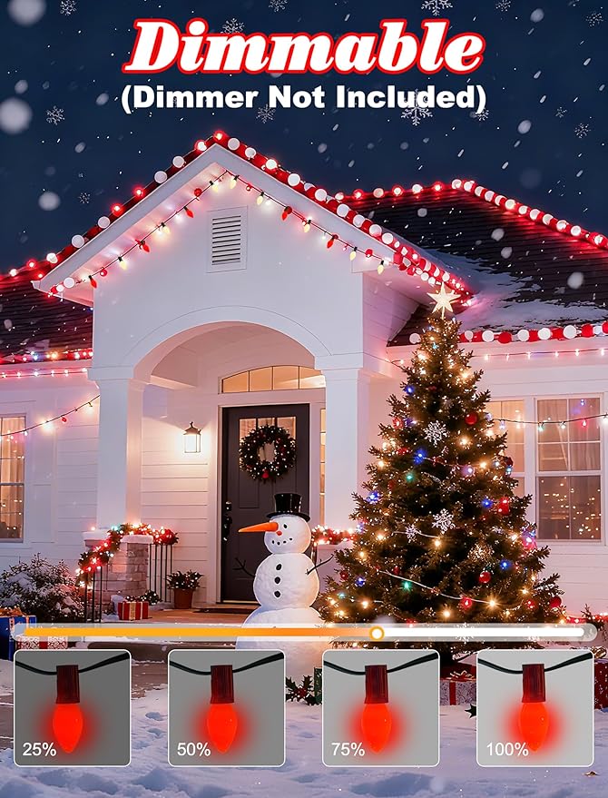 C7 LED Christmas String Lights, 25Ft Red White Christmas String Lights with 27 LED Red White Ceramic Bulbs, Connectable Vintage Valentine Lights for Patio Garden Wedding Party Decor