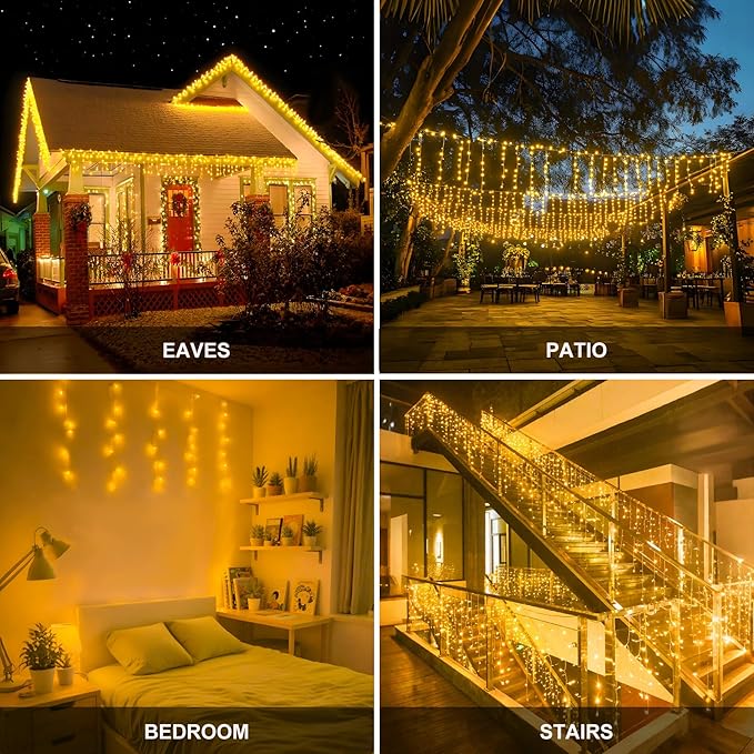 LED Icicle Lights for Outdoor Christmas Decorations,39.4Ft 400 LEDs Christmas Fairy Light with Timer&Memory Function,8 Lighting Modes,Plug in hanging Curtain Lights for Xmas Party Wedding(Warm White)