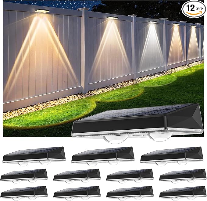 Solar Fence Lights Outdoor, 12-Pack 120LM Fence Lights Solar Powered, IP67 Waterproof Dusk to Dawn Auto On/Off 12+ Hours for Outside/Backyard/Wall/Step/Patio/Deck/Pool (3000K/4000K/6000K White)