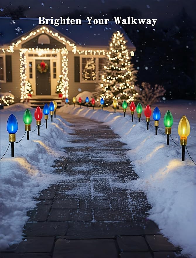 C9 LED Christmas Pathway Lights 7Ft Multicolor Pathway Christmas Lights Walkway Light Outdoor with 4 Colorful Clear Bulbs, Connectable Holiday Commercial Xmas Decoration- Green Wire