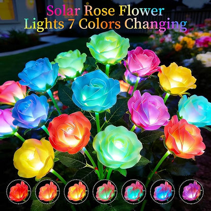 ANGMLN Solar Garden Lights, 6 Pack Solar Flower Lights Outdoor Waterproof with 30 Head Realistic Rose 7-Color Changing Landscape Light for Garden Yard Pathway Patio Grave Cemetery Decoration