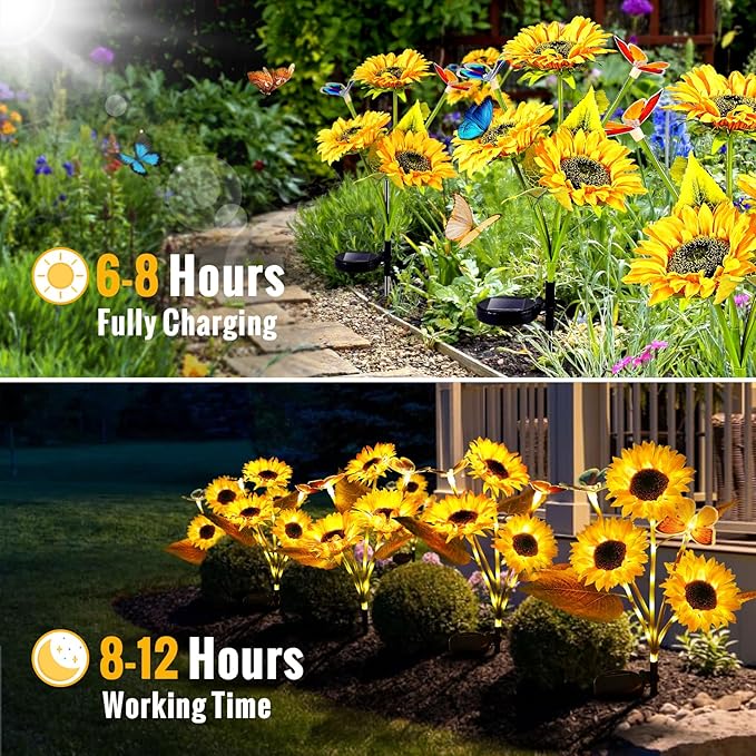 Solar Sunflower Lights Outdoor Garden Decor, 2 Pack Sunflower Decor with 4 Butterfly, 800mA Solar Stake Lights | Lumora