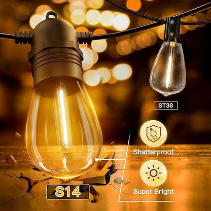 Ollny Outdoor String Lights, 25 FT Waterproof Connectable Patio Lights with 9+1 Shatterproof S14 Bulbs(1 Spare), Outside Hanging Light for Balcony, Porch, Yard, Garden, Backyard (Pack of 2)