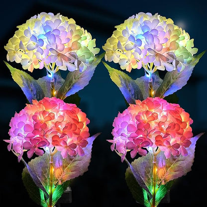 4 Pack Solar Garden Lights Outdoor, LED Colorful Waterproof Solar Powered Hydrangea Flowers Landscape Lights for Patio, Outside Yard, Pathway Decorative, Décor, Two Lightning Modes
