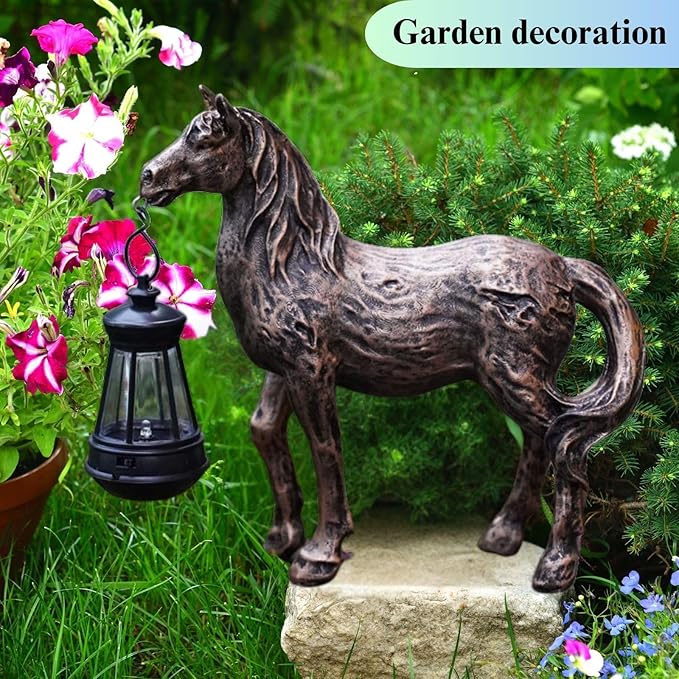 Horse Garden Statue with Solar Lantern,Garden Outdoor Horse Figurines Decor for Farmhouse Patio Yard Lawn Home Gifts for Mom Grandma Wome Housewarming Christmas Birthday (Bronze)