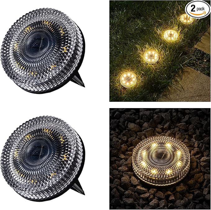 Glass Solar Ground Lights with Crystal Style, Modular-Design Waterproof In-Ground Light for Patio Pathway Lawn Yard Deck Walkway, Decorative Disk Lighting for Garden Bed, Warm White (2 Pack)