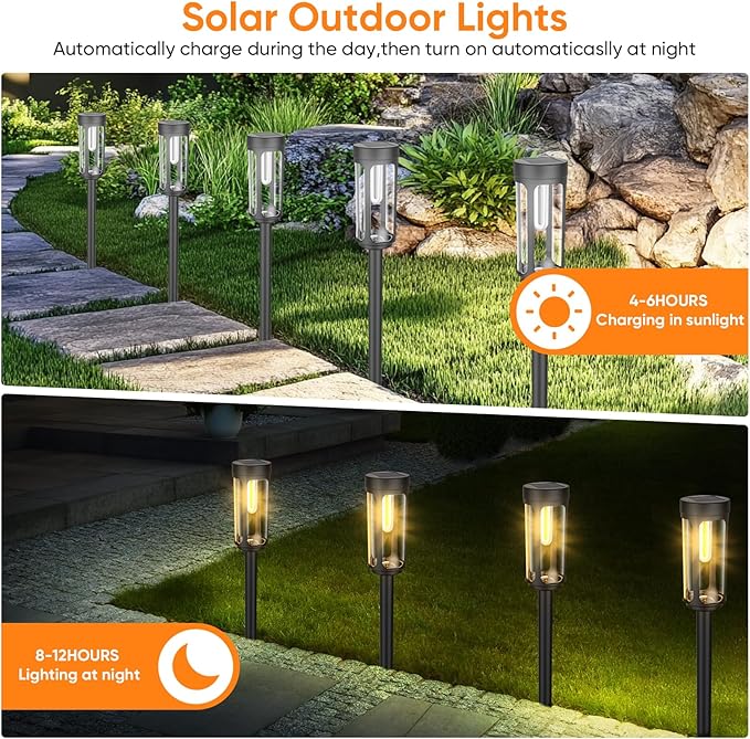 Solar Pathway Lights Outdoor, 8 Pack Bright Waterproof IP65 LED Solar Garden Lights with Auto On/Off, 10 Hours Lighting for Yard, Patio, Walkway, Driveway, Landscape Decor Warm Light