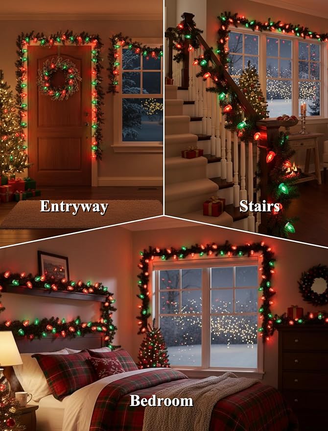 25ft Red and Green Outdoor Christmas Lights,C9 Vintage Christmas String Lights with 26 Red Green Bulbs(1 Spare),Waterproof Hanging Christmas Lights for Roofline Tree Backyard Decor