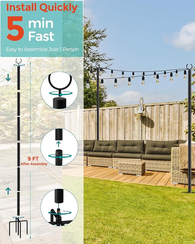 LAND·VOI 4 Pack String Light Poles, 9FT Heavy Duty Metal Light Poles for Outside String Lights, Outdoor light poles | Lumora