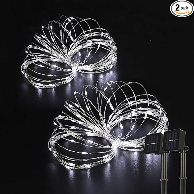 Outdoor Solar String Lights, 2 Pack 33ft 100L Solar Copper Fairy Lights,8 Modes Twinkle Lights Decor for Indoor Outdoor Patio Yard Trees Christmas Wedding Party (Cool White)