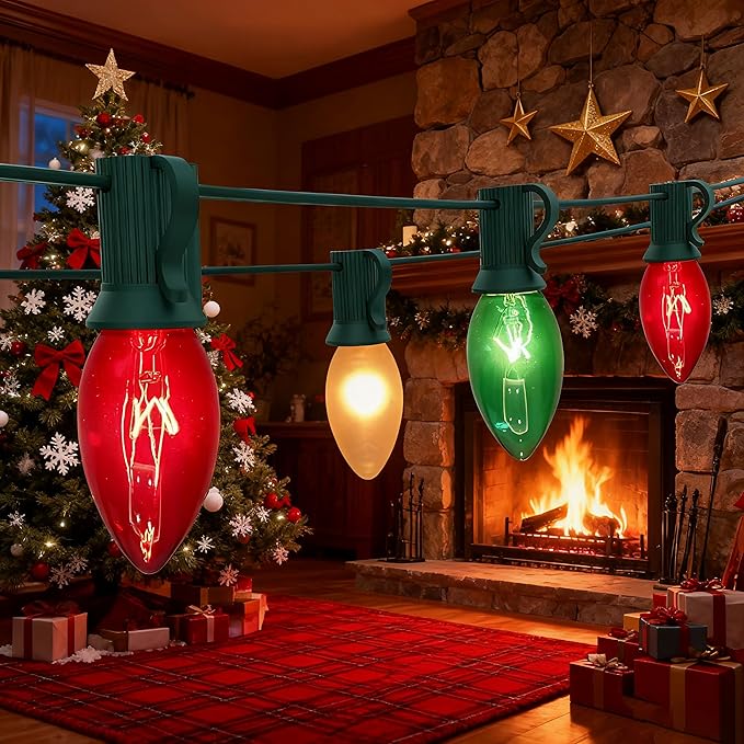 Abeja C9 Multicolor Chritsmas Lights, 25Ft Vintage Christmas String Lights with 26 Red/Green/Frosted White Bulbs | Lumora