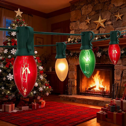 Abeja C9 Multicolor Chritsmas Lights, 25Ft Vintage Christmas String Lights with 26 Red/Green/Frosted White Bulbs, Hanging Patio Lights for Outdoor Roofline Christmas Tree Garden Decor, Green Wire