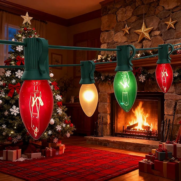 Abeja C9 Multicolor Chritsmas Lights, 25Ft Vintage Christmas String Lights with 26 Red/Green/Frosted White Bulbs | Lumora