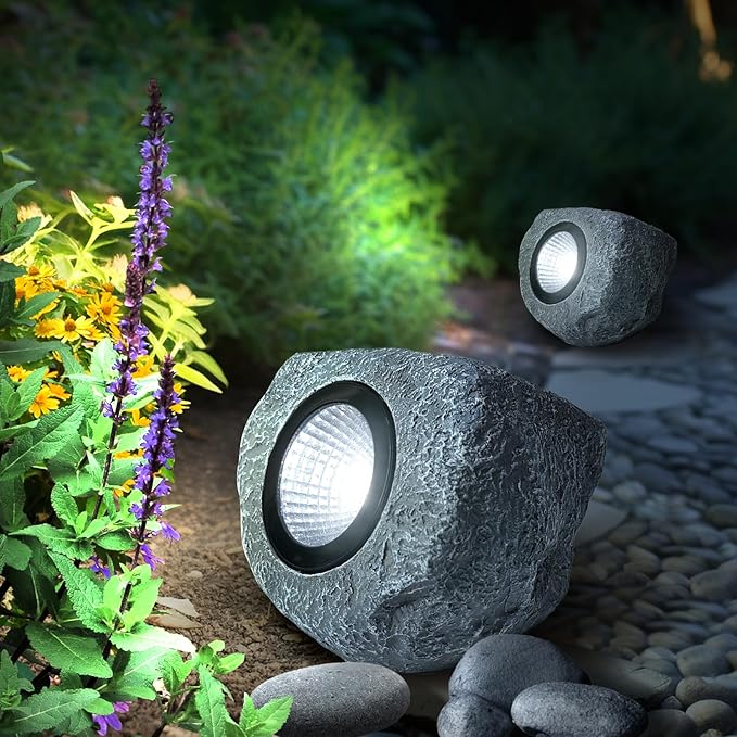 4 Pack Solar Garden Rock Lights Outdoor, 20 LM Bright White Spotlights with Auto On/Off, IP65 Waterproof 6000K Led Solar Powerd Landscape Stone Lights for Pathway Walkway Yard Patio