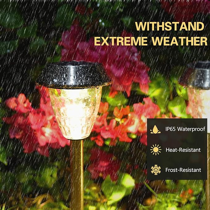 Solar Pathway Lights Outdoor 4 Pack, Glass & Metal Solar Lights with 10 Lumens Brightness, IP65 Waterproof, Warm White & RGB Modes, Decorative Solar Garden Lights for Yard, Walkway, Driveway