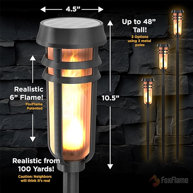 FoxFlame Metal Solar Torch Lights-Adjustable Height (24"- 0"), Outdoor Garden Decor with Patented LED, Waterproof Solar Tiki Torches for Yard,Patio,Garden Pathway,Matte Black–1 Pack