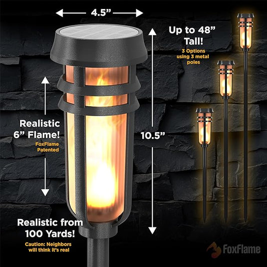 FoxFlame Metal Solar Torch Lights-Adjustable Height (24"- 0"), Outdoor Garden Decor with Patented LED, Waterproof Solar Tiki Torches for Yard,Patio,Garden Pathway,Matte Black–1 Pack