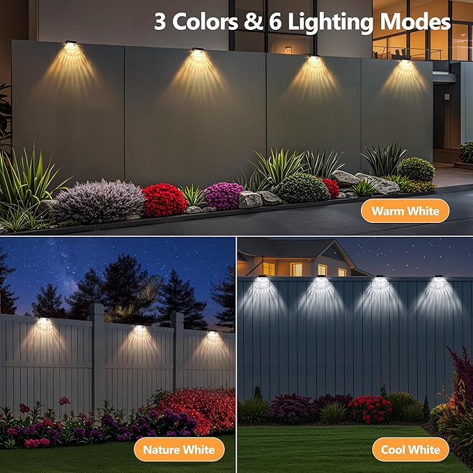 BrizLabs Solar Fence Lights Outdoor, 12 Pack 3 Colors & 6 Modes LED Solar Deck Lights, Warm White Outdoor Step Light IP65 Waterproof, Cool White Wall Light Fence Lighting for Patio Yard Pool Railing