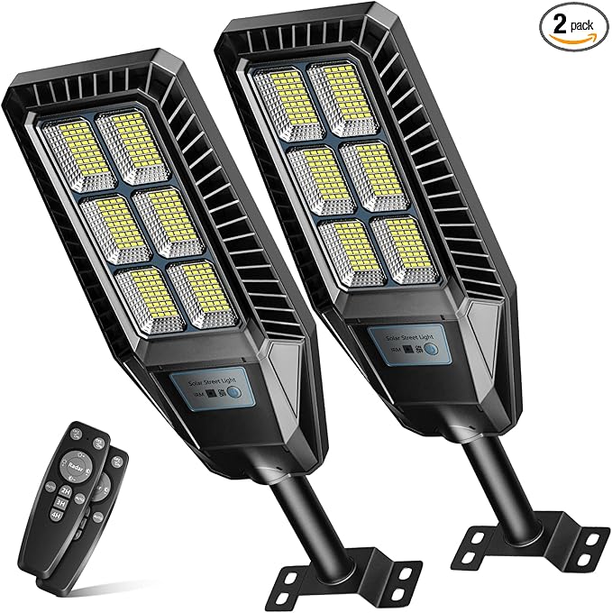 Solar Street Lights 300 W 2 Packs LED Solar Street Lights Outdoor IP66 Waterproof 30000 LM 6500 K Outdoor Street Light Dusk to Dawn Solar Power Lights with Motion Sensor and Remote Control for Path
