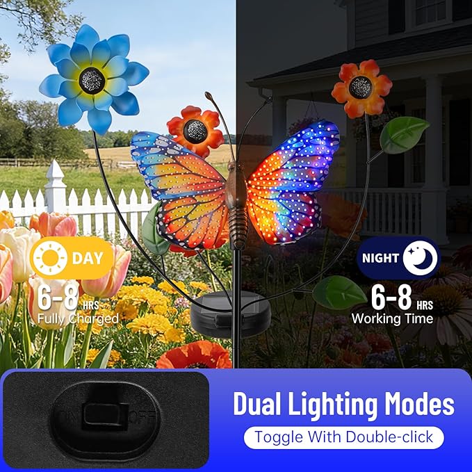 Solar Butterfly Garden Lights, 2 Lighting Modes, Colorful LED with Flower & Butterfly Decor, Waterproof Solar Stake Lights for Garden Yard Patio Lawn Pathway (Yellow)