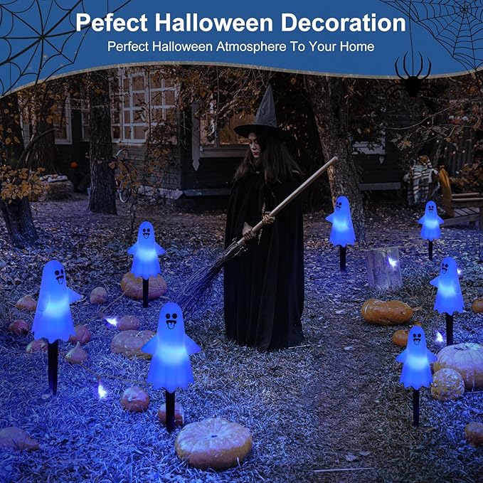 8Pcs Ghost Halloween Decor Pathway Lights Outdoor, Solar Powered Ghost Stake Lights with 8 Lighting Modes, Waterproof Halloween Decorations for Garden/Yard/Patio