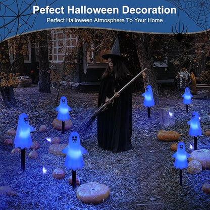 8Pcs Ghost Halloween Decor Pathway Lights Outdoor, Solar Powered Ghost Stake Lights with 8 Lighting Modes, Waterproof Halloween Decorations for Garden/Yard/Patio
