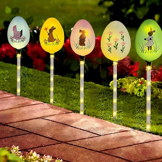 Solar Easter Bunny Egg Lights - 5 Pack Outdoor Solar Path Lights with 8 Lighting Modes, Waterproof Garden Stake Lights for Easter, Birthday, Housewarming Gifts & Outdoor Decor