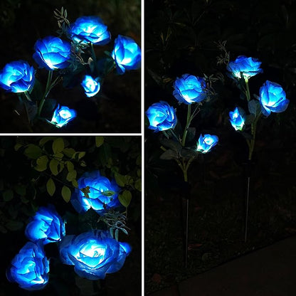 Solar Rose Garden Lights, 2 Pack Realistic Flower Lights, Waterproof LED Decorative Stake Landscape for Patio Pathway Grave Cemetery Outdoor Decor (Blue)