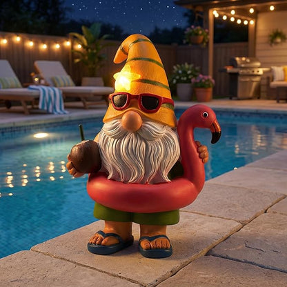 Lavezee Garden Gnome Statue Outdoor Decor, Solar Gnomes with Flamingo Figurine for Garden, Patio, Yard Decor, Summer Pool Party