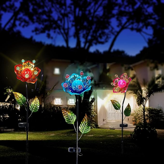 Adeco Flower Solar Lights Outdoor Garden Decor 37 inch Metal Garden Stake Lights with Crackle Globe Glass and Large Solar Panel Waterproof for Ground Patio Lawn Pathway Flowerbed