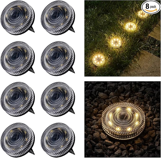 Glass Solar Ground Lights with Crystal Style, Modular-Design Waterproof In-Ground Light for Patio Pathway Lawn Yard Deck Walkway, Decorative Disk Lighting for Garden Bed, Warm White (8 Pack)