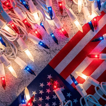 YULETIME 200 Red, White & Blue Christmas Lights, Pack of 2 Sets 33 Feet 100 Count Incandescent-Like LED Mini String Lights (Red, White & Blue - White Wire)