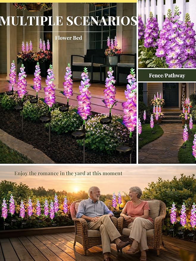 GIGALUMI Solar Lights Outdoor for Garden Decor, 3 Pack Solar Flower Lights Waterproof, 2 Lighting Modes Delphinium for Pathway,Yard, Patio Decoration, Gardening Gifts for Women (Purple)