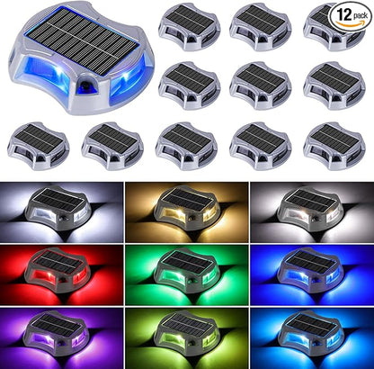 Bosceos Solar Driveway Lights Deck Dock Lights Outdoor 12 Pack, 9 Colors in 1, Pathway Light Solar Powered Waterproof, LED Marker Marine Light for Warning Driveway Sidewalk Pathway Walkway Step(RGB)