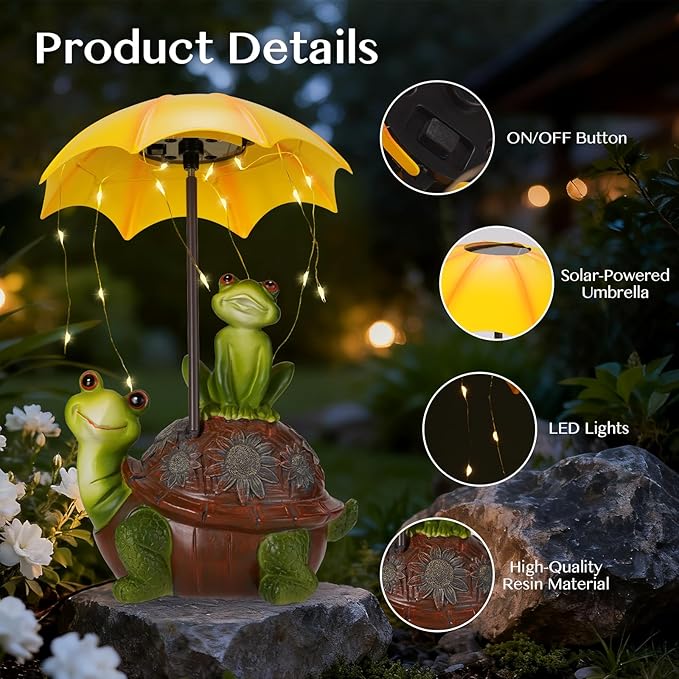 Solar Garden Statues Decor Turtle & Frog with LED Lights and Umbrella, Outdoor Garden Statues, Yard Statue Decorations for Patio, Balcony Housewarming, Lawn Ornaments Gifts for Women