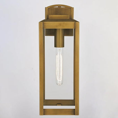 VAXCEL Kinzie Outdoor Porch Light, 6" W x 16.75" H Gold Brass Outdoor Lantern, Modern Dusk to Dawn Wall Light for Porch, Patio, Deck, or Front Door