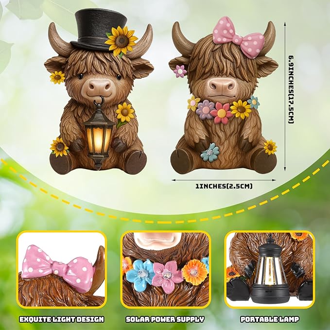 Retisee 2 Pcs Solar Highland Cow Garden Statues Resin Garden Highland Cow Statues with Flower LED Lights Outdoor Funny Solar Light Figurines Decoration for Yard Patio Lawn Gifts for Grandma Mom Women