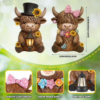 Retisee 2 Pcs Solar Highland Cow Garden Statues Resin Garden Highland Cow Statues with Flower LED Lights Outdoor Funny Solar Light Figurines Decoration for Yard Patio Lawn Gifts for Grandma Mom Women