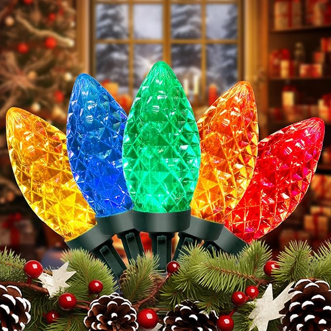 C9 Christmas Lights Outdoor, 26FT 50 LED Waterproof Connectable String Lights for Christmas Tree Roofline Holiday Party Indoor Outdoor Garden Patio Backyard Cafe Xmas Decoration (Multi-Colored)