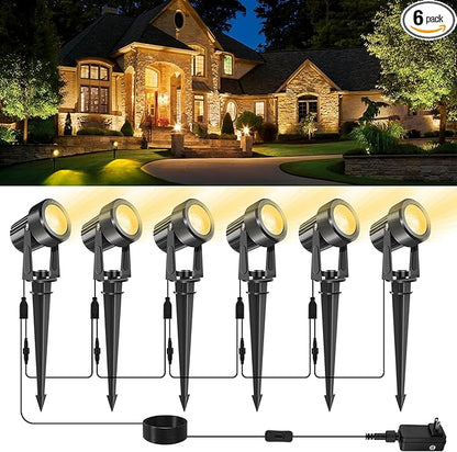 LED Spotlights Outdoor,Low Voltage Landscape Lighting IP65 Waterproof with US Plug, 3000K Warm White Outdoor Spot Lights for Yard Flag Pole House Garden Tree(6-in-1)