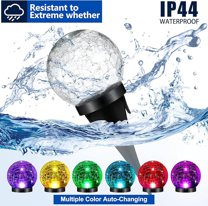 6pc Extra Large Solar Globes Outdoor Cracked Glass Ball Crstl Multi-Color Pre Lit Glob Light Waterproof Yard Lawn Garden Decor (4.72)