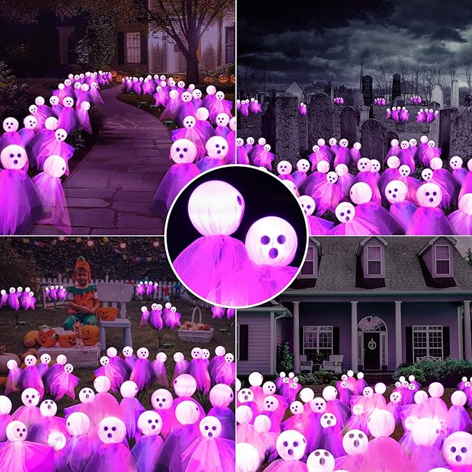 Halloween Decorations Outdoor, Solar Scary Ghosts Lights, 4 Packs 24 LED Swaying Firefly Light & Ghost Decor, Waterproof Halloween Path Lights for Garden, Lawn, Patio, Yard, Party Decor, Purple