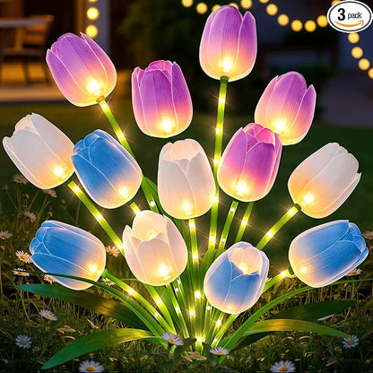 Solar Tulip Lights Outdoor: 3-Pack Solar Flower Garden Lights with Bendable Stems - IP65 Waterproof 800mAh for 12H Lighting - Auto On/Off Garden Decor - Gifts for Mom - Blue Purple White